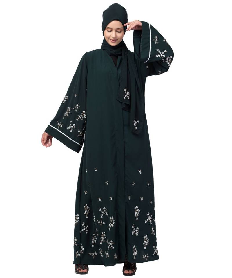 Nazneen Front Open Front Back sleeve with Hijab Embroidered Abaya cum Kaftan