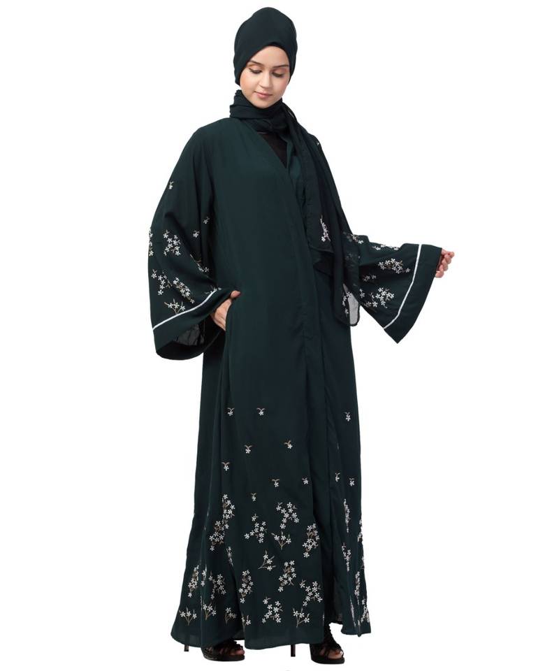 Nazneen Front Open Front Back sleeve with Hijab Embroidered Abaya cum Kaftan