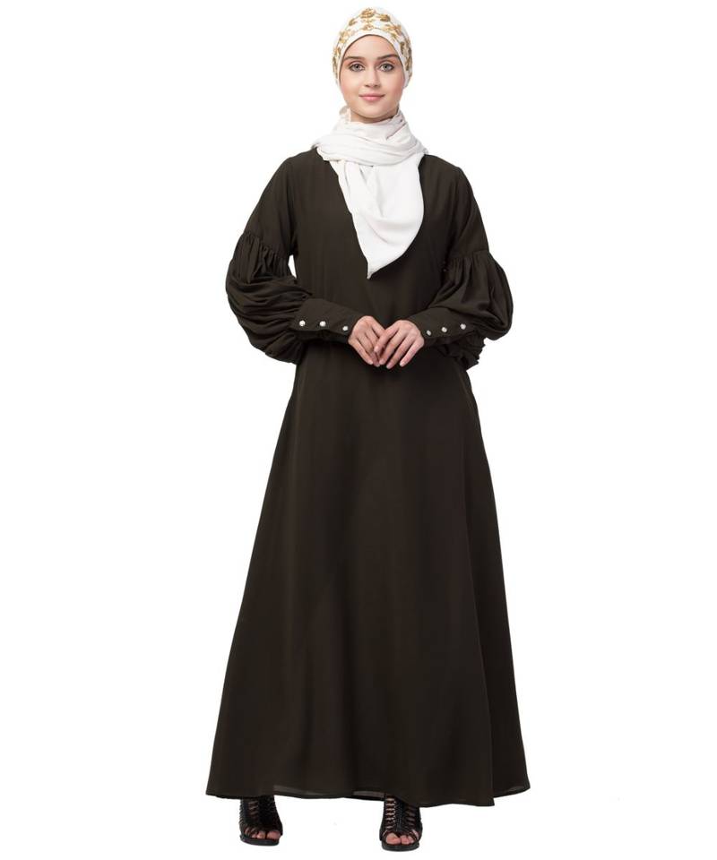 Nazneen long cuff full balloon sleeve with belt A line Abaya
