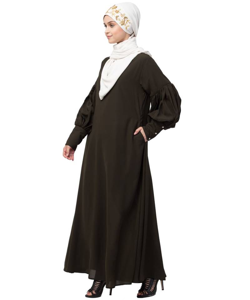 Nazneen long cuff full balloon sleeve with belt A line Abaya