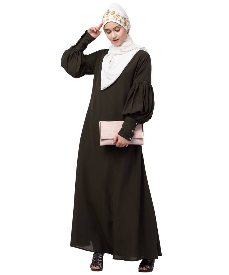 Nazneen long cuff full balloon sleeve with belt A line Abaya