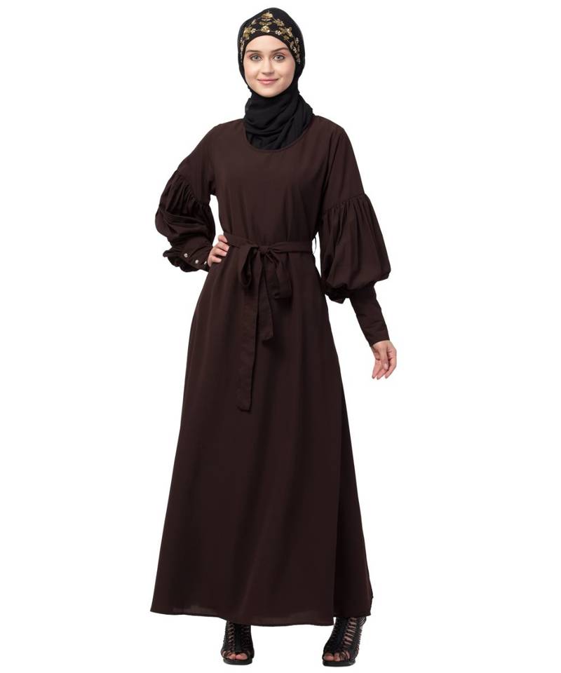 Nazneen long cuff full balloon sleeve with belt A line Abaya