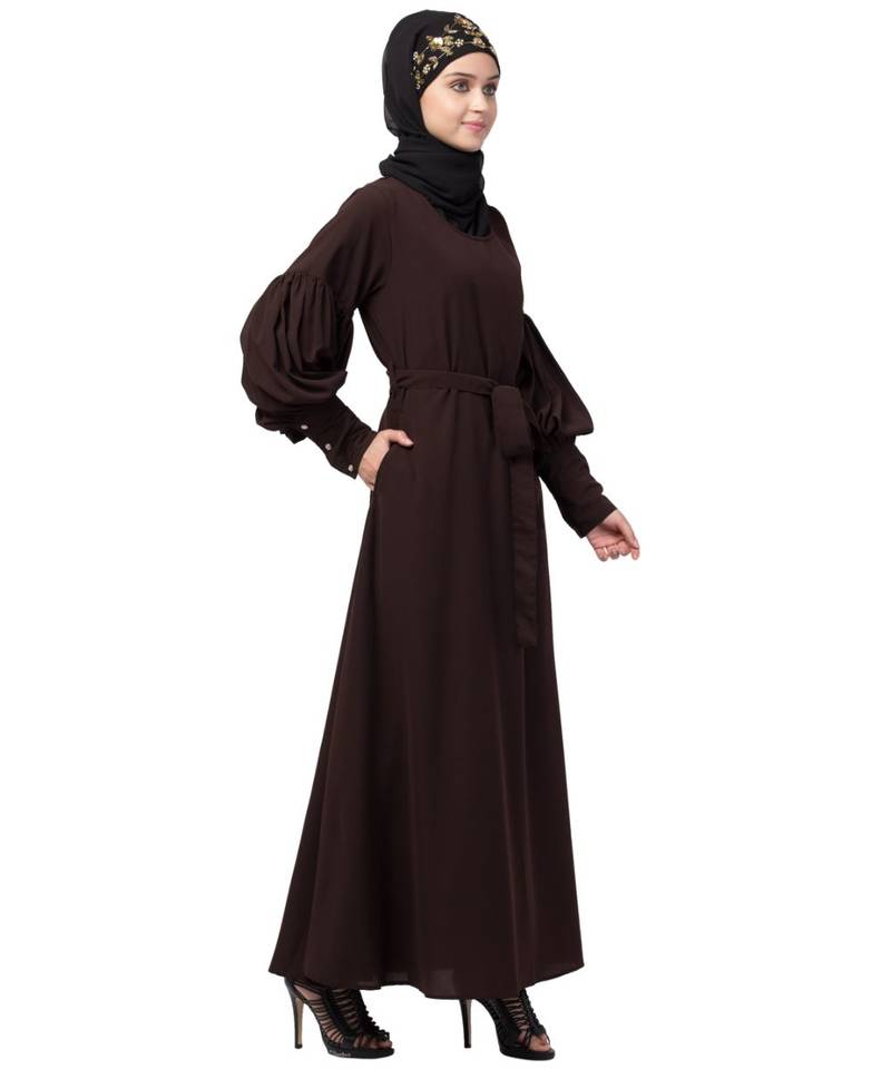 Nazneen long cuff full balloon sleeve with belt A line Abaya