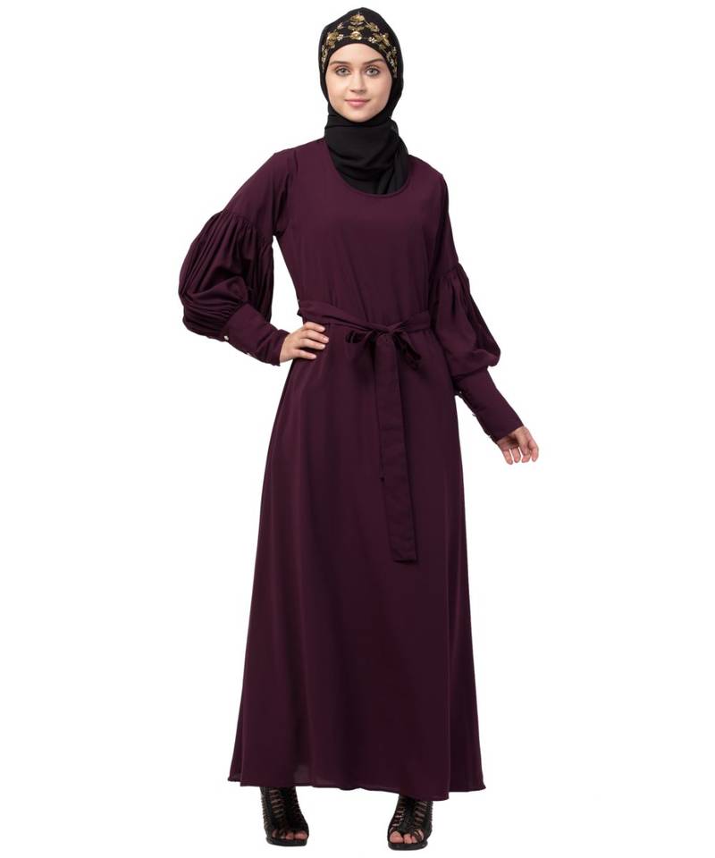 Nazneen long cuff full balloon sleeve with belt A line Abaya