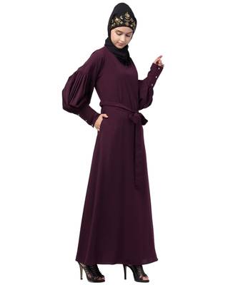 Nazneen long cuff full balloon sleeve with belt A line Abaya 4