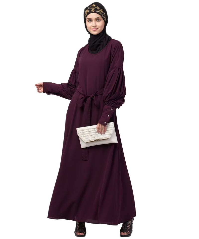 Nazneen long cuff full balloon sleeve with belt A line Abaya