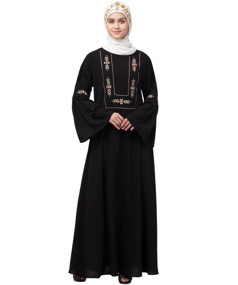 Nazneen yoke embroidered Pleated Bell sleeve Flare Abaya