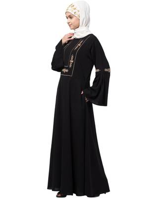 Nazneen yoke embroidered Pleated Bell sleeve Flare Abaya 3