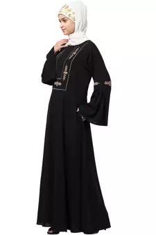 Nazneen yoke embroidered Pleated Bell sleeve Flare Abaya