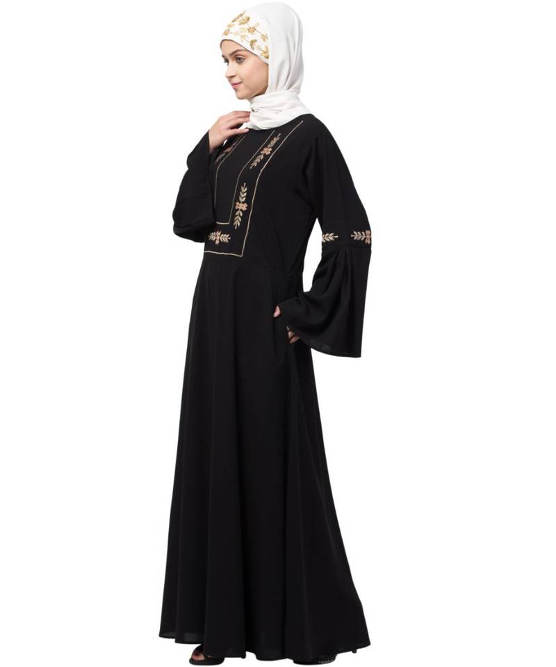 Nazneen yoke embroidered Pleated Bell sleeve Flare Abaya