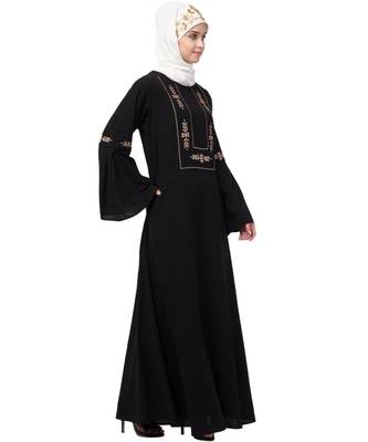 Nazneen yoke embroidered Pleated Bell sleeve Flare Abaya 4