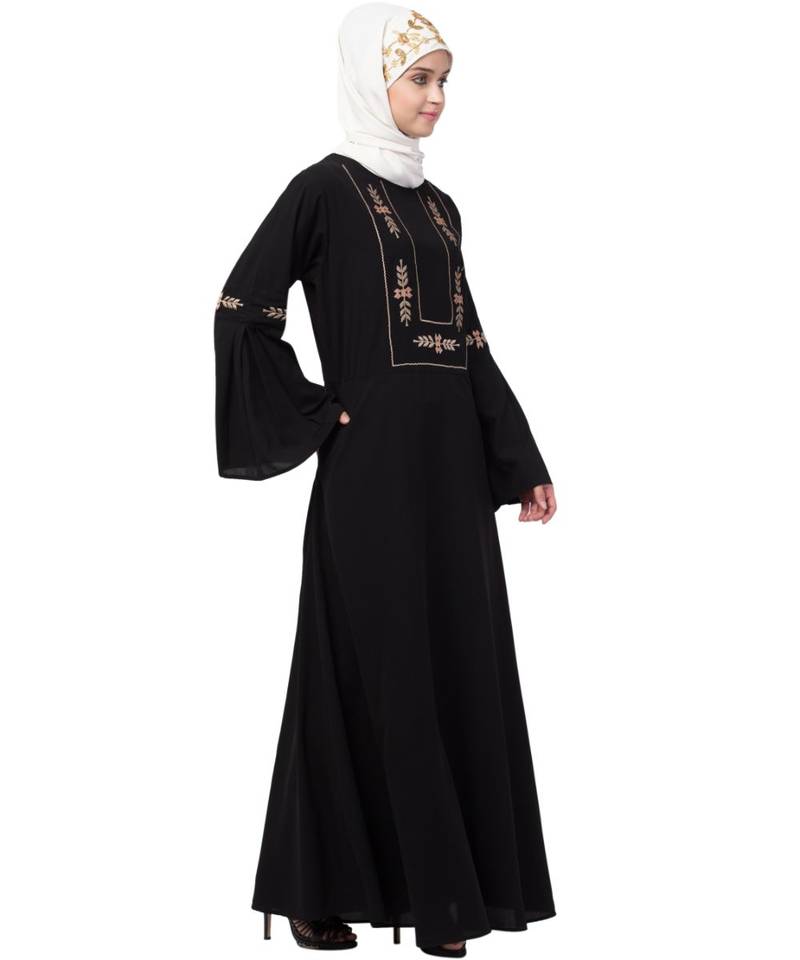 Nazneen yoke embroidered Pleated Bell sleeve Flare Abaya