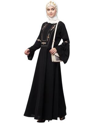 Nazneen yoke embroidered Pleated Bell sleeve Flare Abaya 6