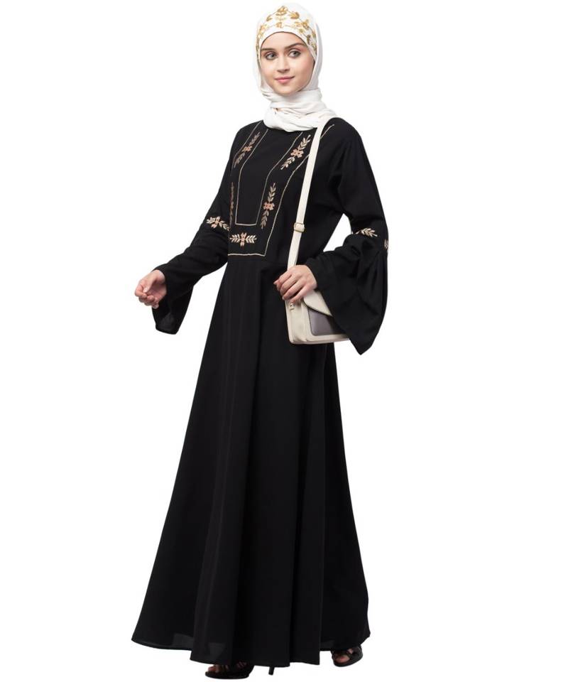 Nazneen yoke embroidered Pleated Bell sleeve Flare Abaya