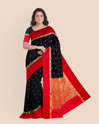 Black with Red Border Garad Kanchipuram Style Golden Zari Work Silk Blend Saree with Blouse Piece 1