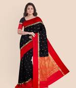 Black with Red Border Garad Kanchipuram Style Golden Zari Work Silk Blend Saree with Blouse Piece