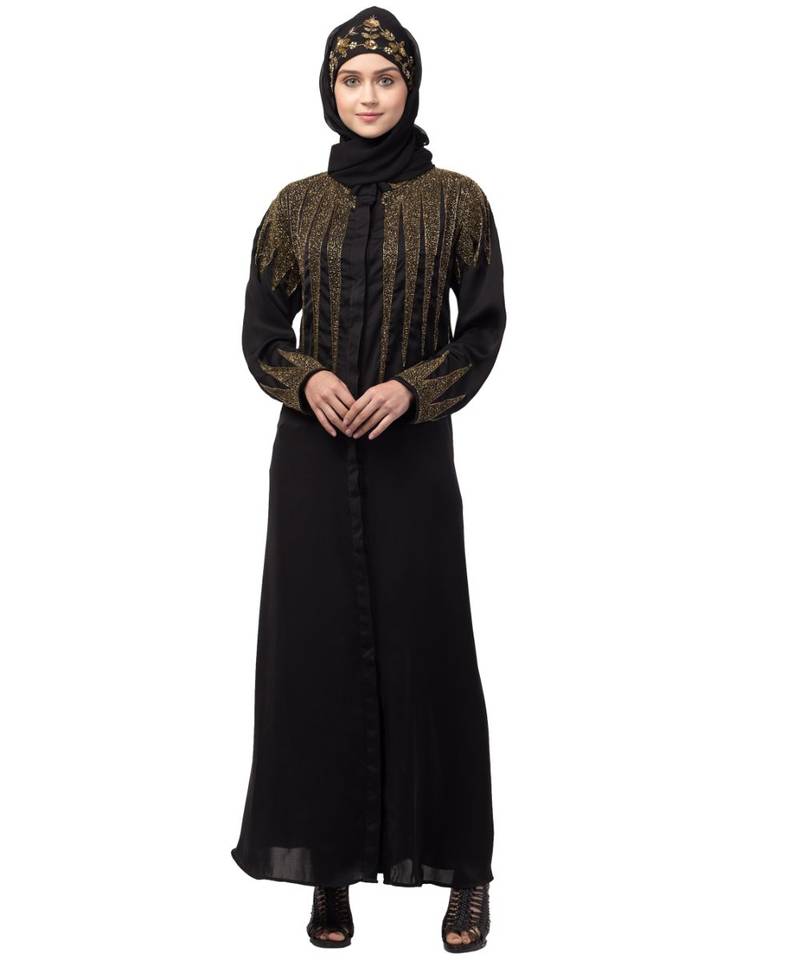 Nazneen front open golden hand work at front back and sleeve Nida Abaya