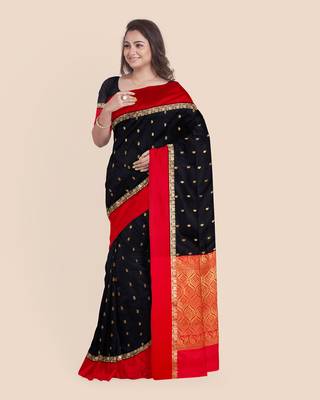 Black with Red Border Garad Kanchipuram Style Golden Zari Work Silk Blend Saree with Blouse Piece 3