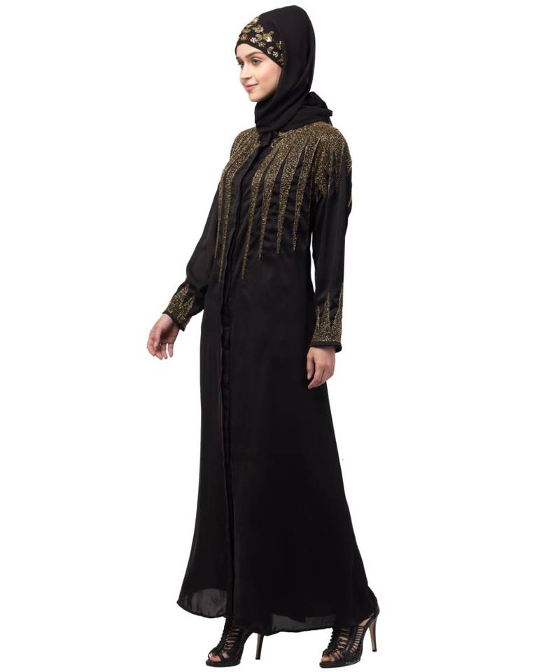 Nazneen front open golden hand work at front back and sleeve Nida Abaya