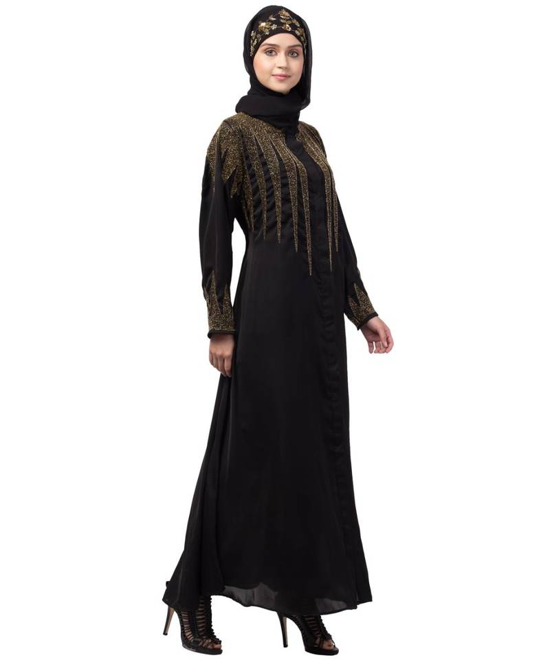 Nazneen front open golden hand work at front back and sleeve Nida Abaya