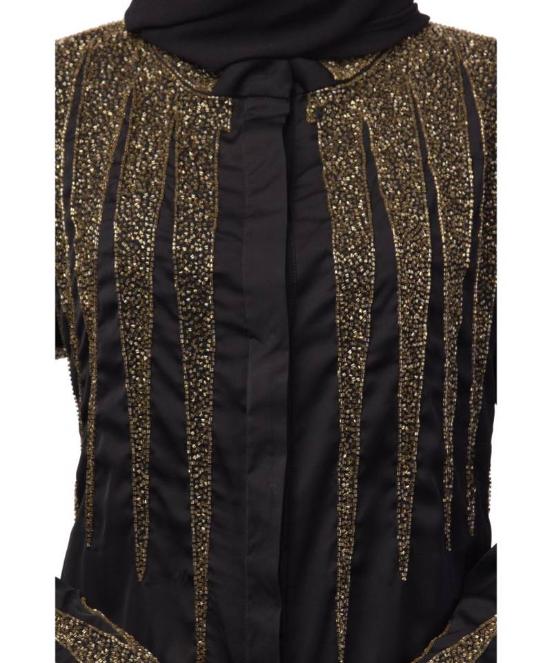 Nazneen front open golden hand work at front back and sleeve Nida Abaya