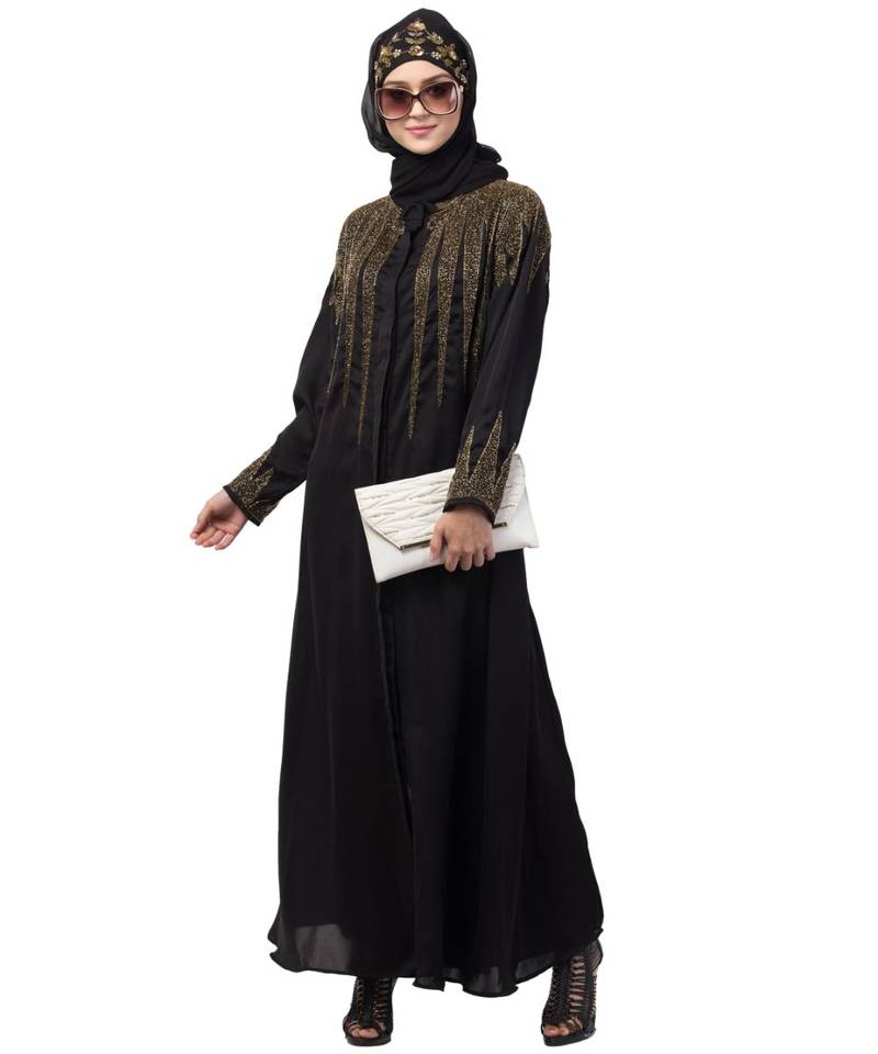 Nazneen front open golden hand work at front back and sleeve Nida Abaya