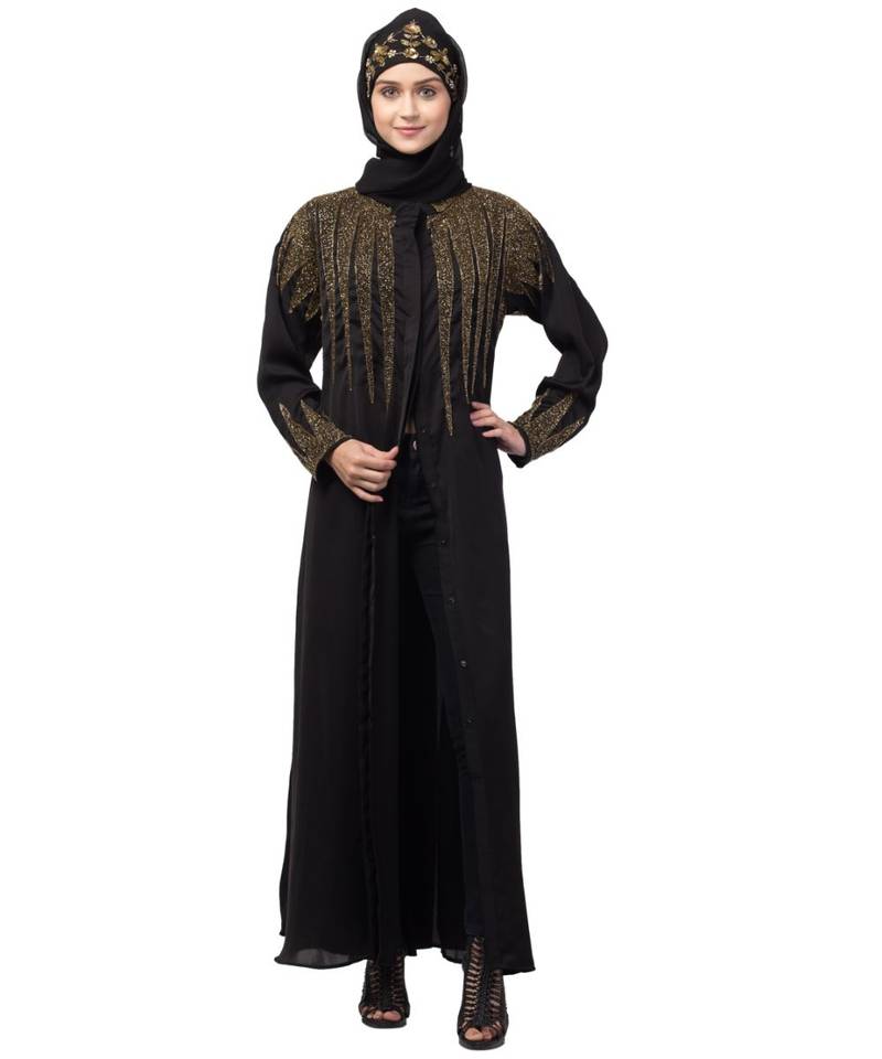 Nazneen front open golden hand work at front back and sleeve Nida Abaya