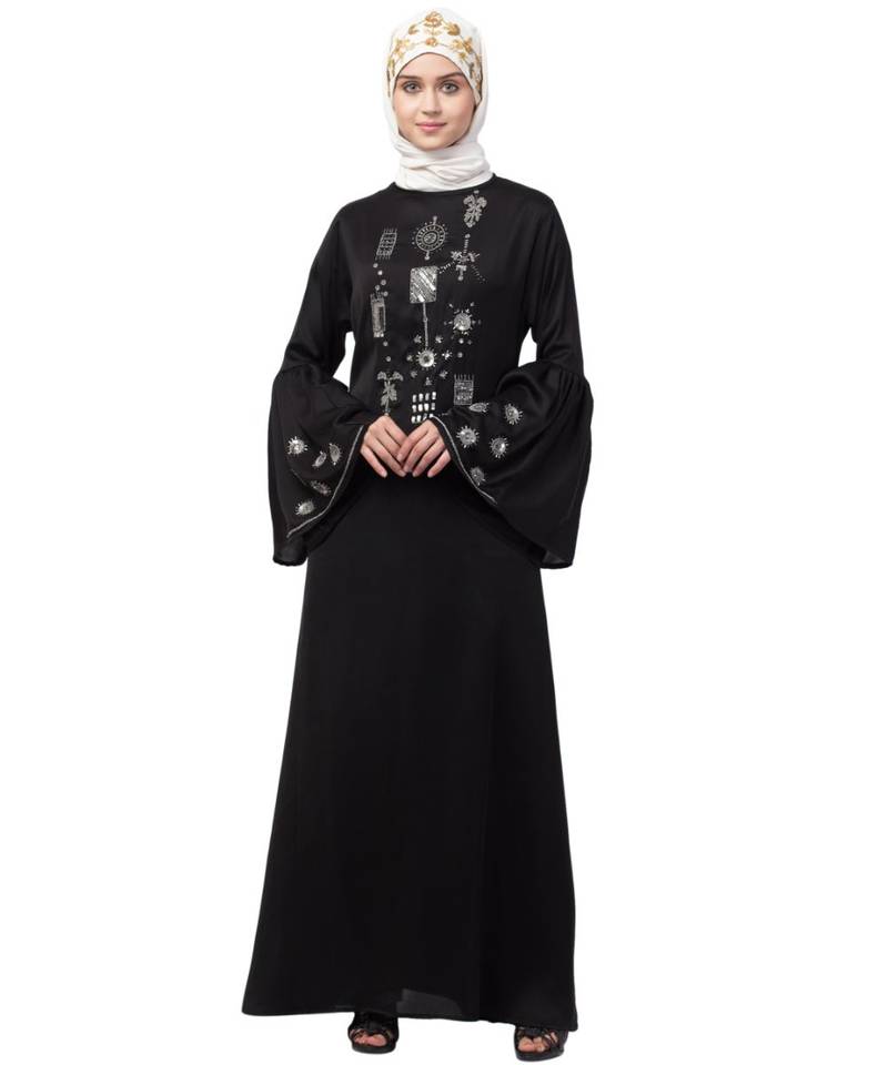 Nazneen hand embroidery on front and bell sleeve  A line Abaya