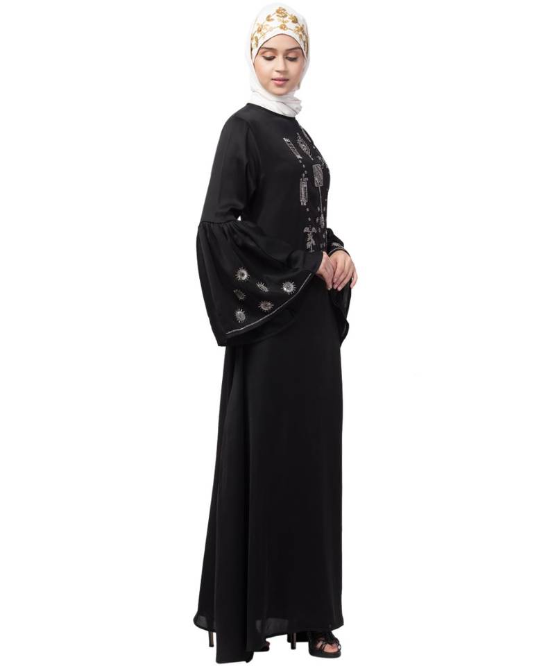Nazneen hand embroidery on front and bell sleeve  A line Abaya