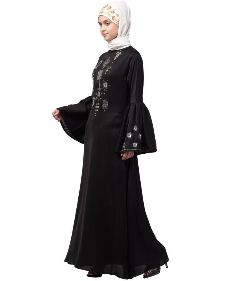 Nazneen hand embroidery on front and bell sleeve  A line Abaya