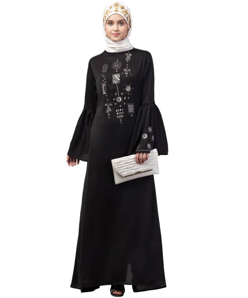 Nazneen hand embroidery on front and bell sleeve  A line Abaya
