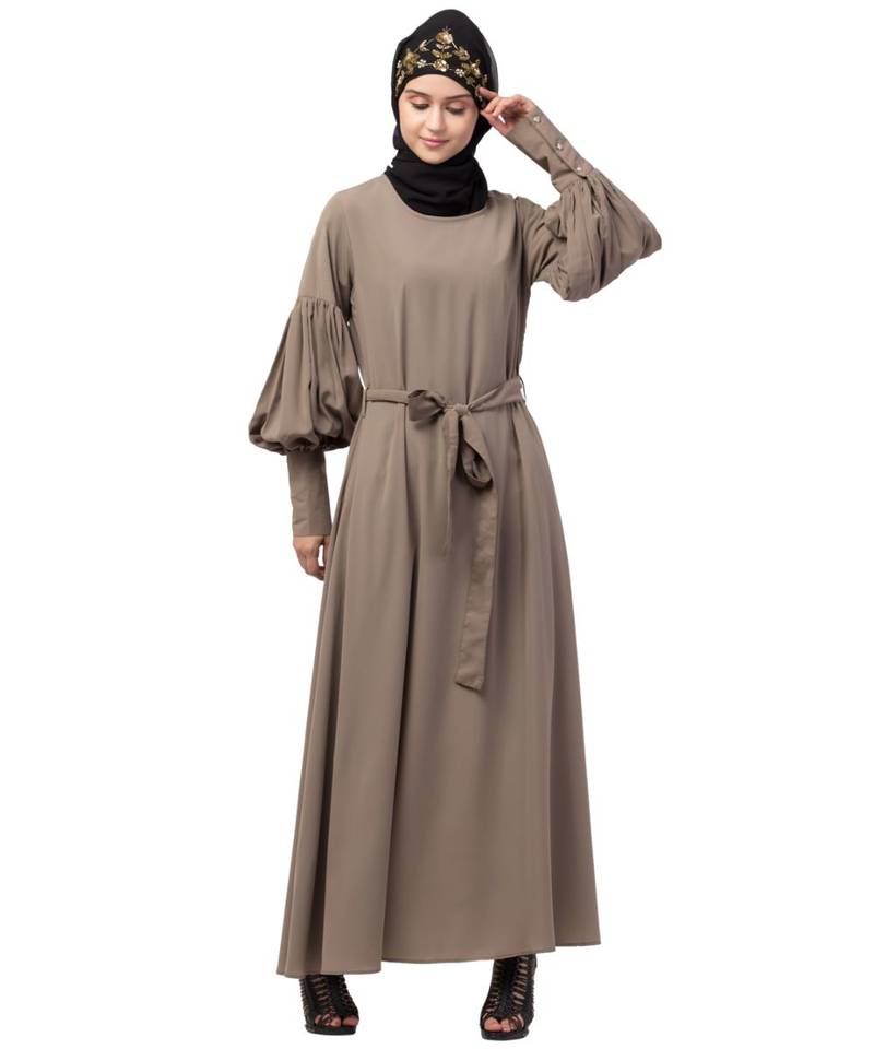 Nazneen long cuff full balloon sleeve with belt A line Abaya