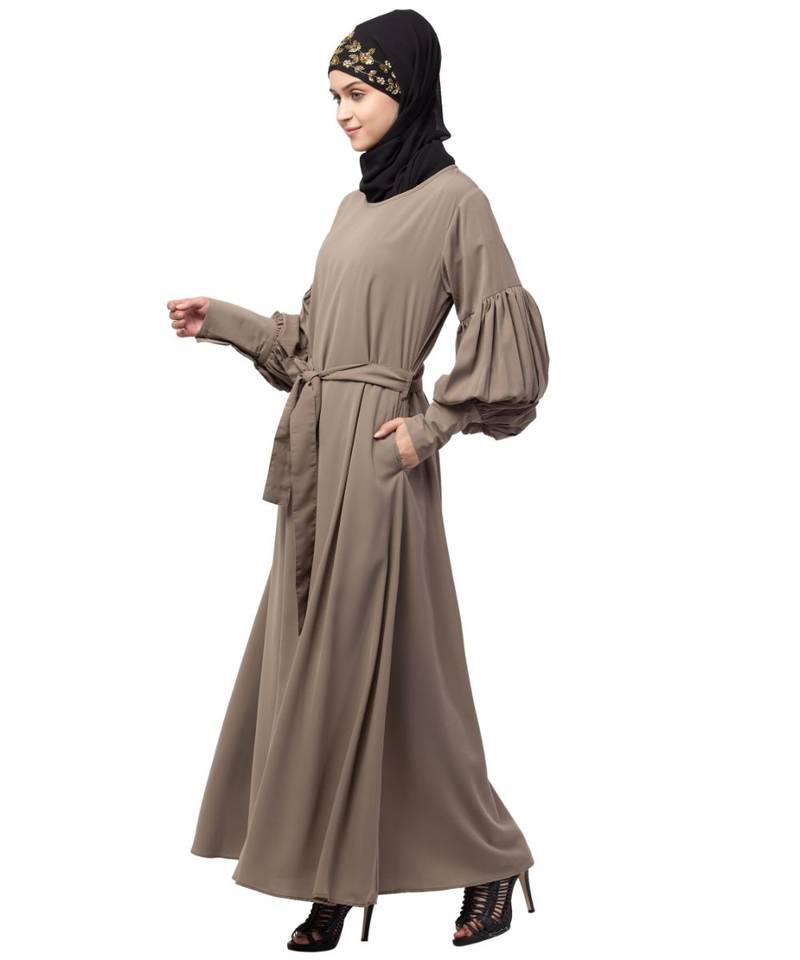 Nazneen long cuff full balloon sleeve with belt A line Abaya