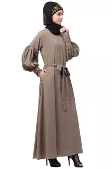 Nazneen long cuff full balloon sleeve with belt A line Abaya