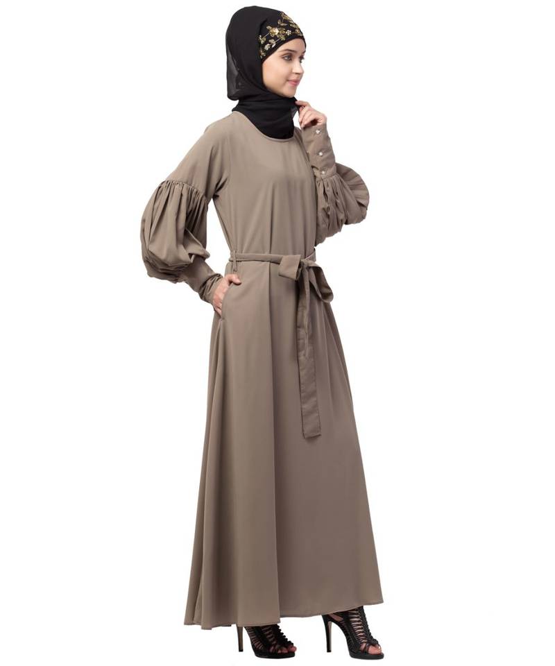 Nazneen long cuff full balloon sleeve with belt A line Abaya