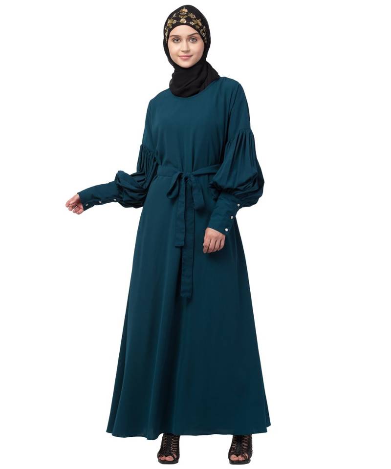 Nazneen long cuff full balloon sleeve with belt A line Abaya