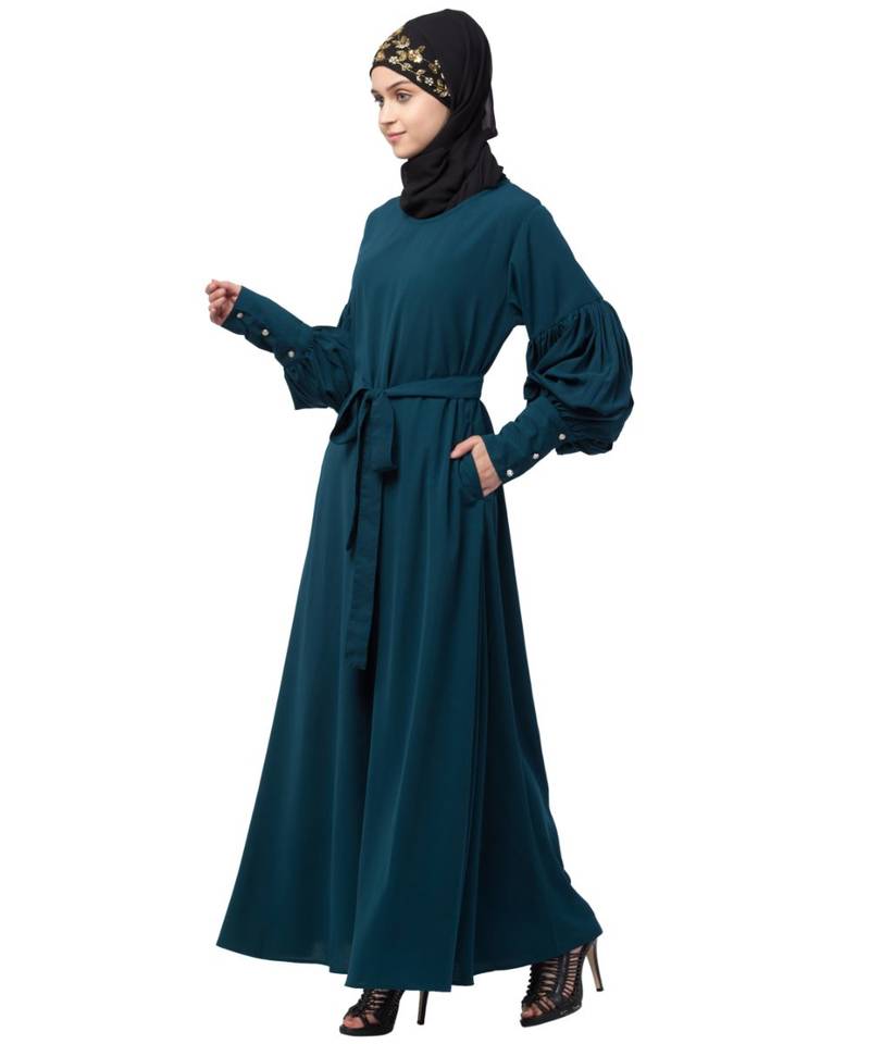 Nazneen long cuff full balloon sleeve with belt A line Abaya