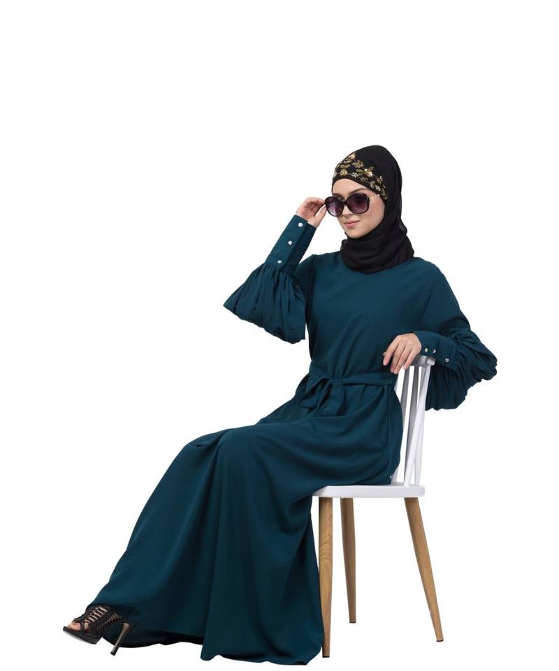 Nazneen long cuff full balloon sleeve with belt A line Abaya