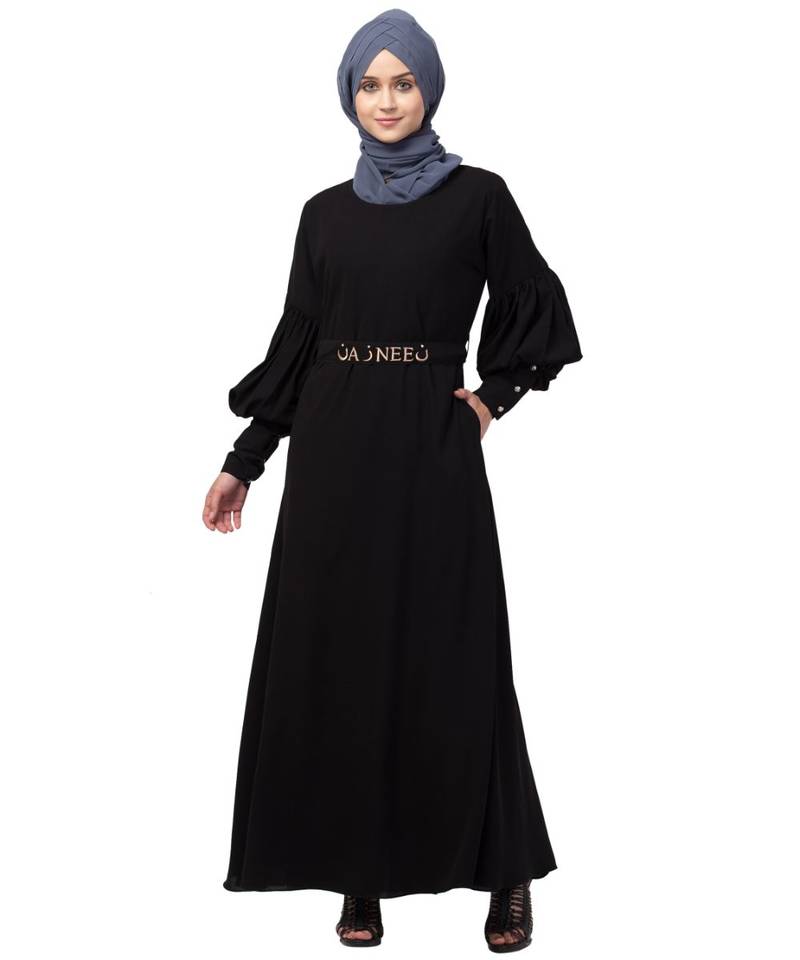 Nazneen long cuff full balloon sleeve with belt A line Abaya