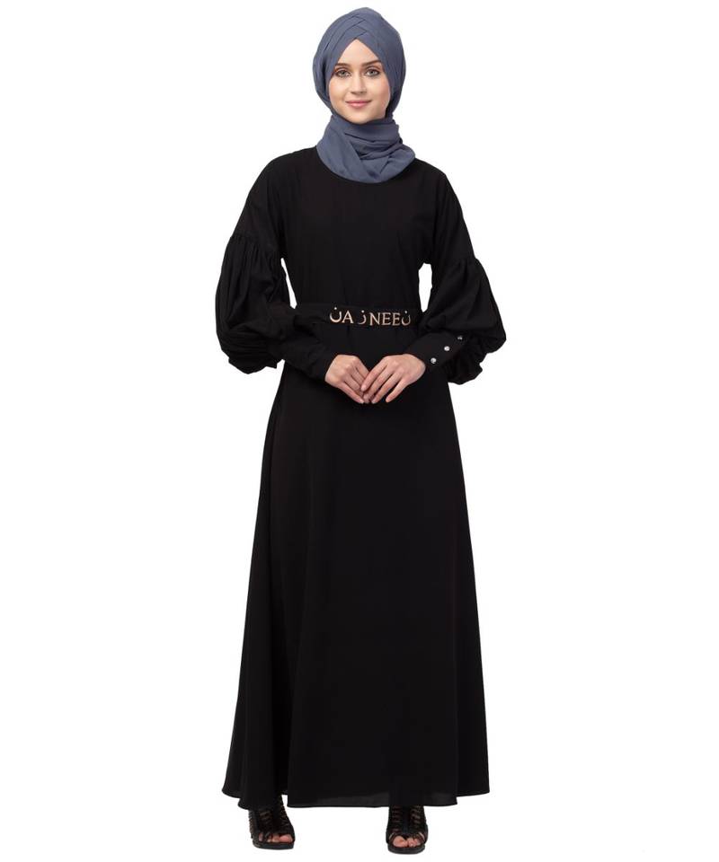 Nazneen long cuff full balloon sleeve with belt A line Abaya