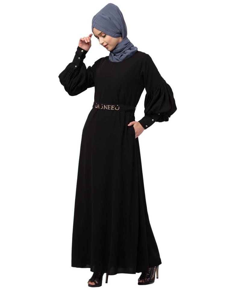 Nazneen long cuff full balloon sleeve with belt A line Abaya