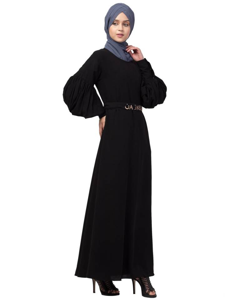 Nazneen long cuff full balloon sleeve with belt A line Abaya