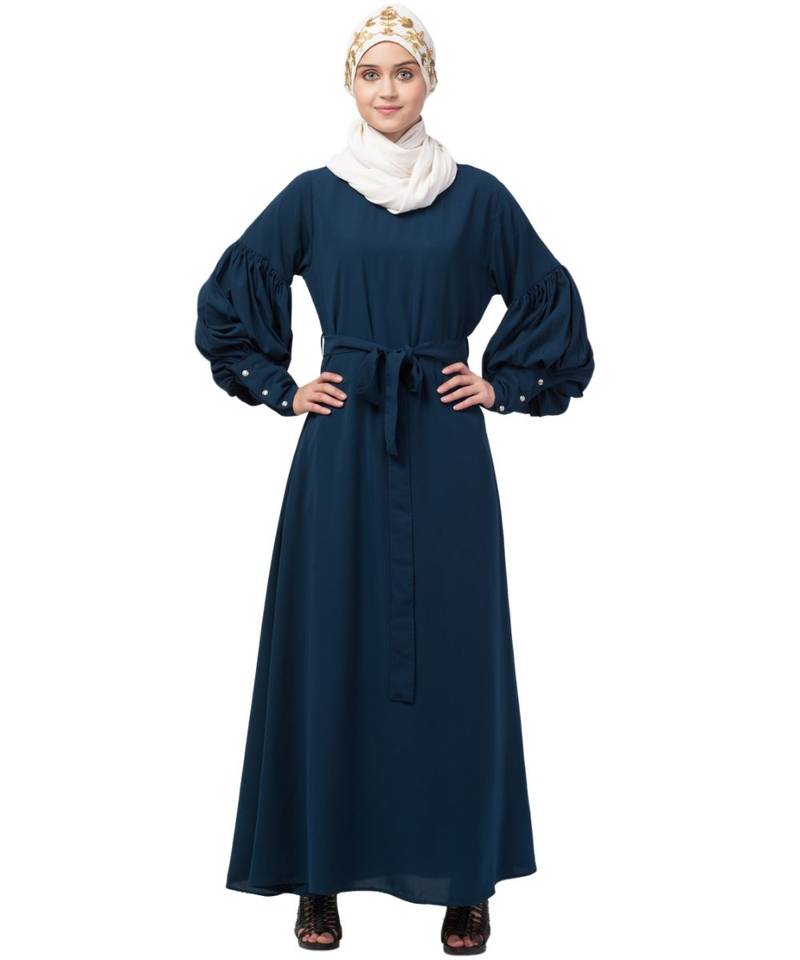 Nazneen long cuff full balloon sleeve with belt A line Abaya