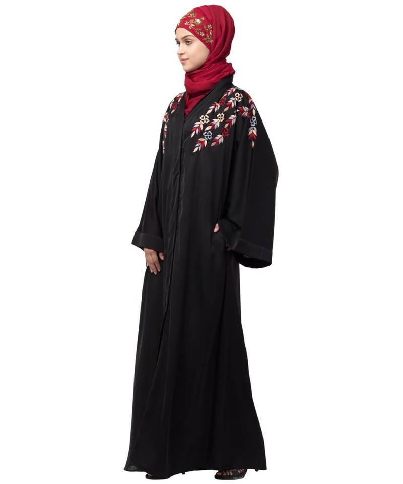 Nazneen resham embroidery front open Dubai abaya