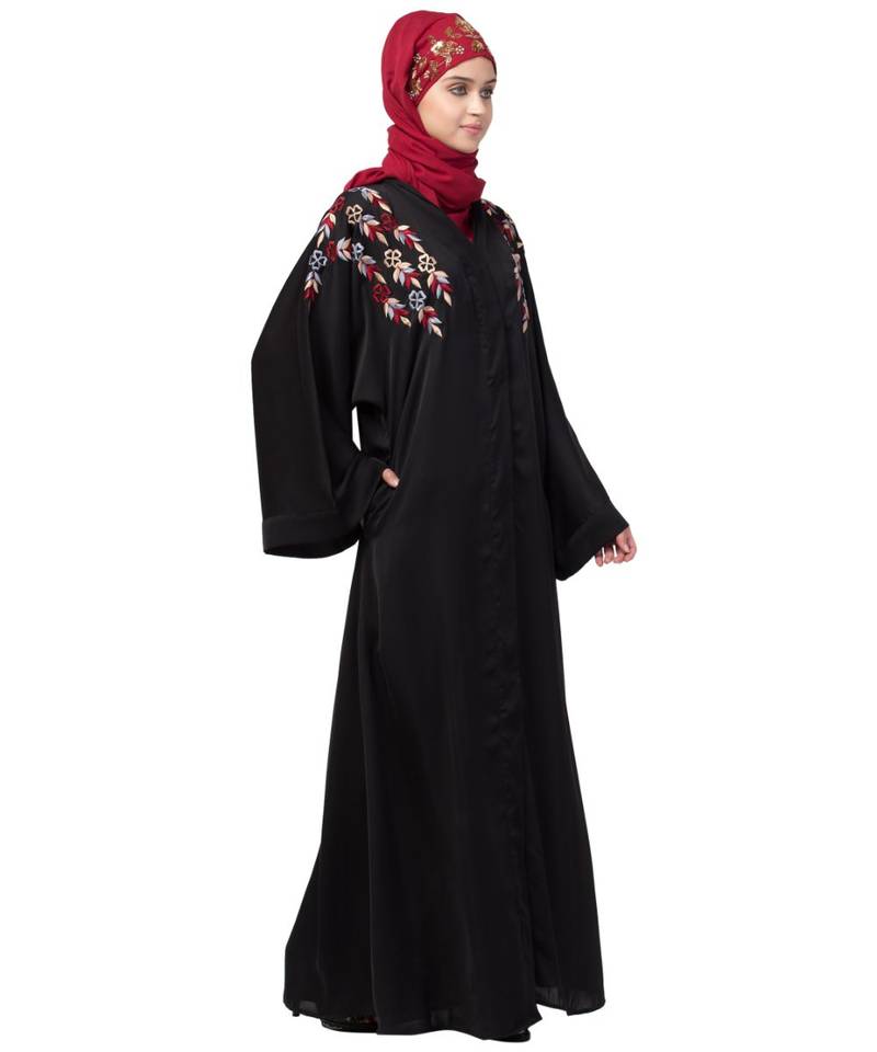 Nazneen resham embroidery front open Dubai abaya