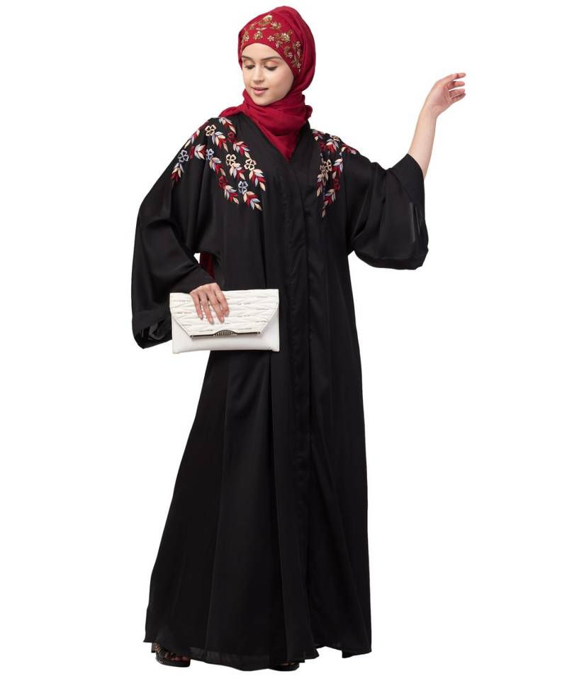 Nazneen resham embroidery front open Dubai abaya