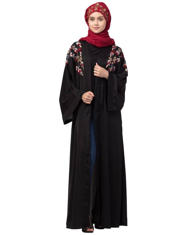 Nazneen resham embroidery front open Dubai abaya