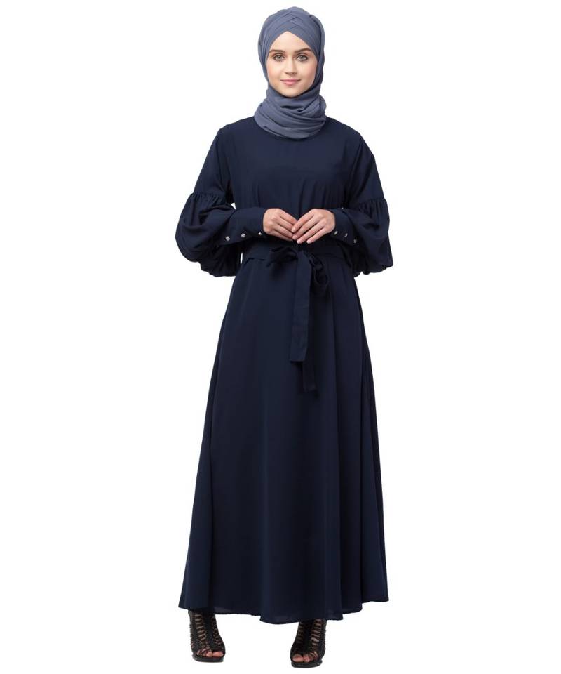 Nazneen long cuff full balloon sleeve with belt A line Abaya