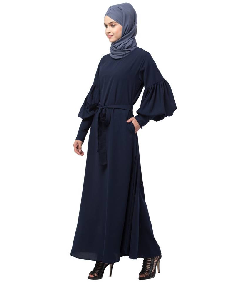 Nazneen long cuff full balloon sleeve with belt A line Abaya