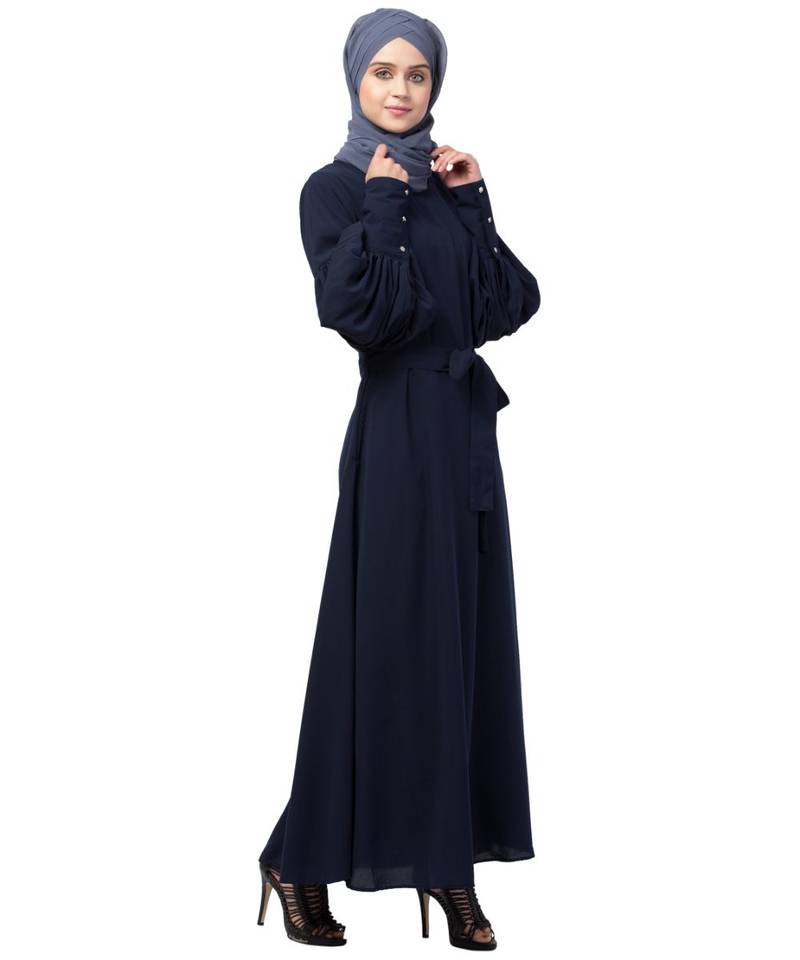 Nazneen long cuff full balloon sleeve with belt A line Abaya